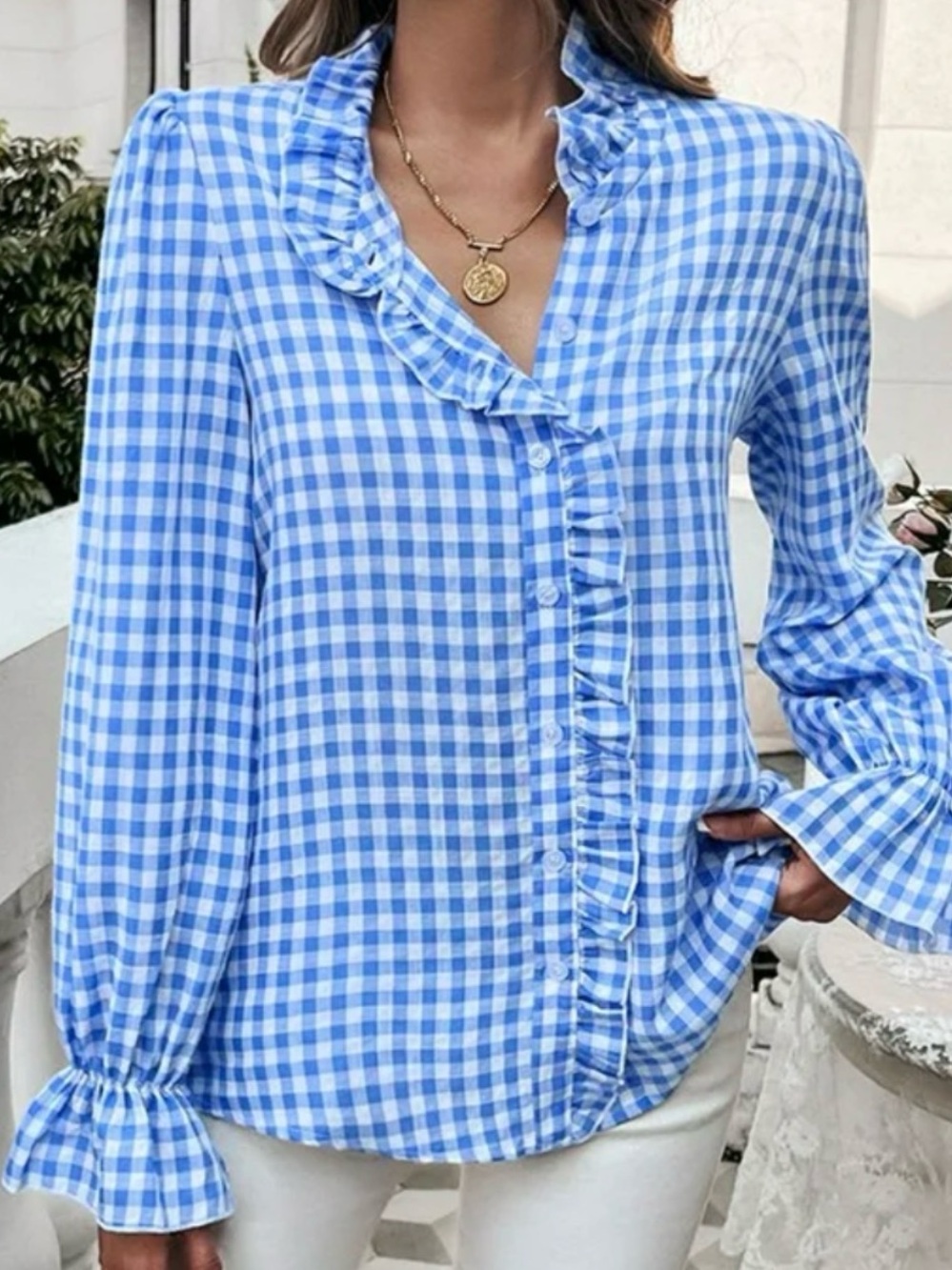 Blue White Gingham Ruffle Blouse Puff Sleeve Button Front Preppy Cottagecore Top - Picture 2 of 7